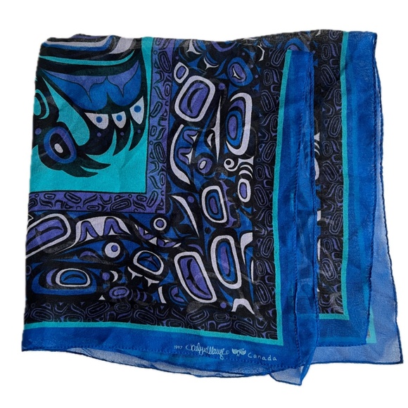 Vintage Jocelyne Wauge Scarf Pacific Northwest Canadian Indigenous Blue Bird 90s - Picture 4 of 4